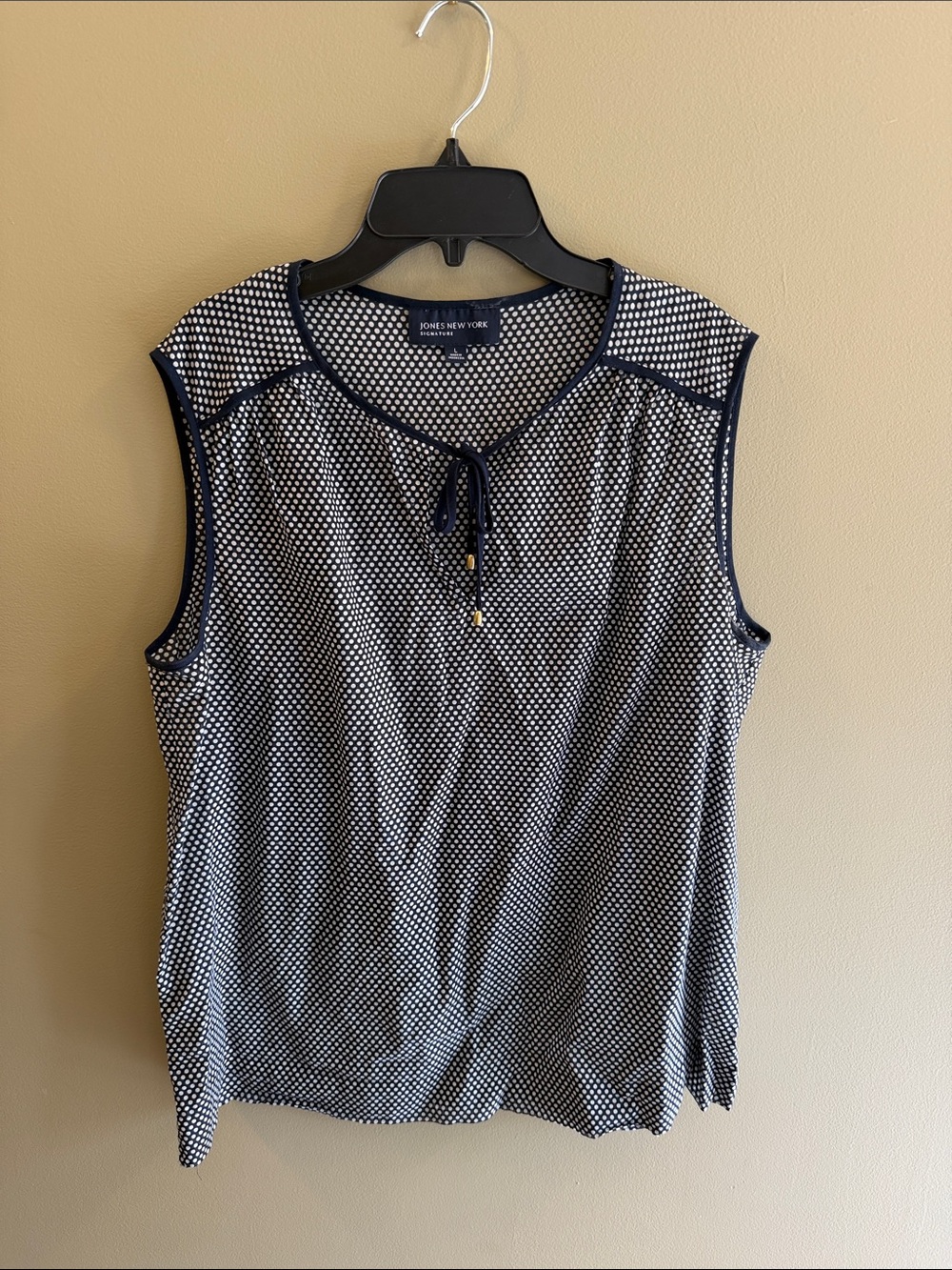 Jones New York Navy and White Polka-Dot Sleeveless Shell with Tie Neck